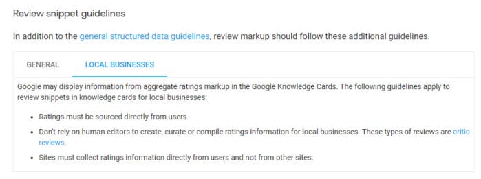 The misunderstanding for LocalBusiness Review Snippets for third party reviews comes from the LocalBusiness guidelines, in the second tab.