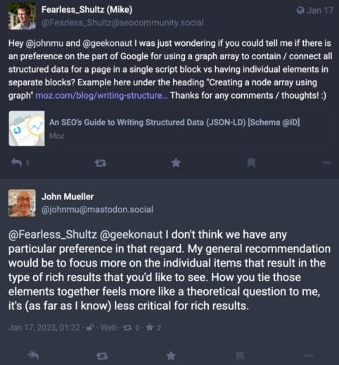 John Mueller discussion about connected structured data on Mastodon