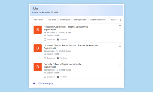 Baptist health job listings rich results achieved through schema markup implementation.