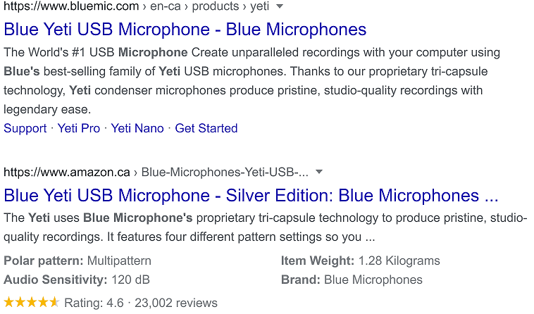 Blue Yeti USB Microphone Search Engine Results Page Comparison