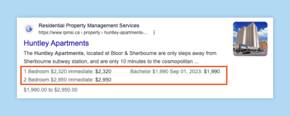 Example of an HTML table in the SERP