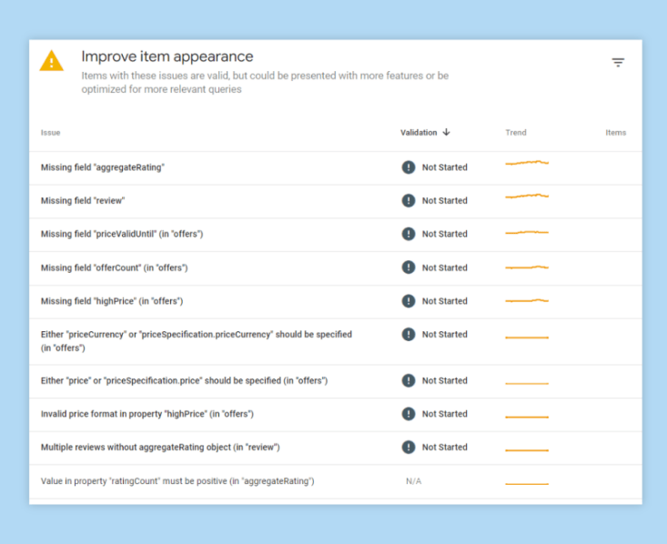 Image of 'Improve item appearance' section in product snippet enhancement report on Google search console