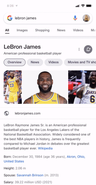 LeBron James Mobile Knowledge Panel