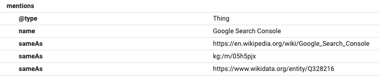 Example of Omni Linked Entity Recognition identifying known entity and embedding links in schema markup