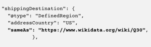 example of shipping destination JSON-LD code with sameAs property