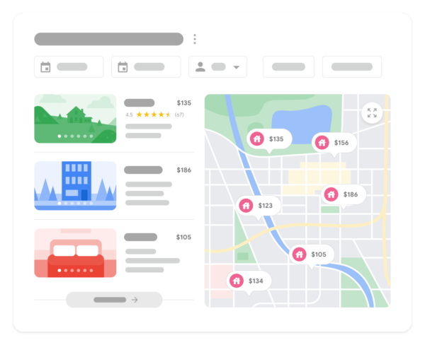 Image of the new Vacation Rental rich result layout. It shows available and relevant listings on the left with details like pricing and ratings, and a map on the right pointing to each rental's location.